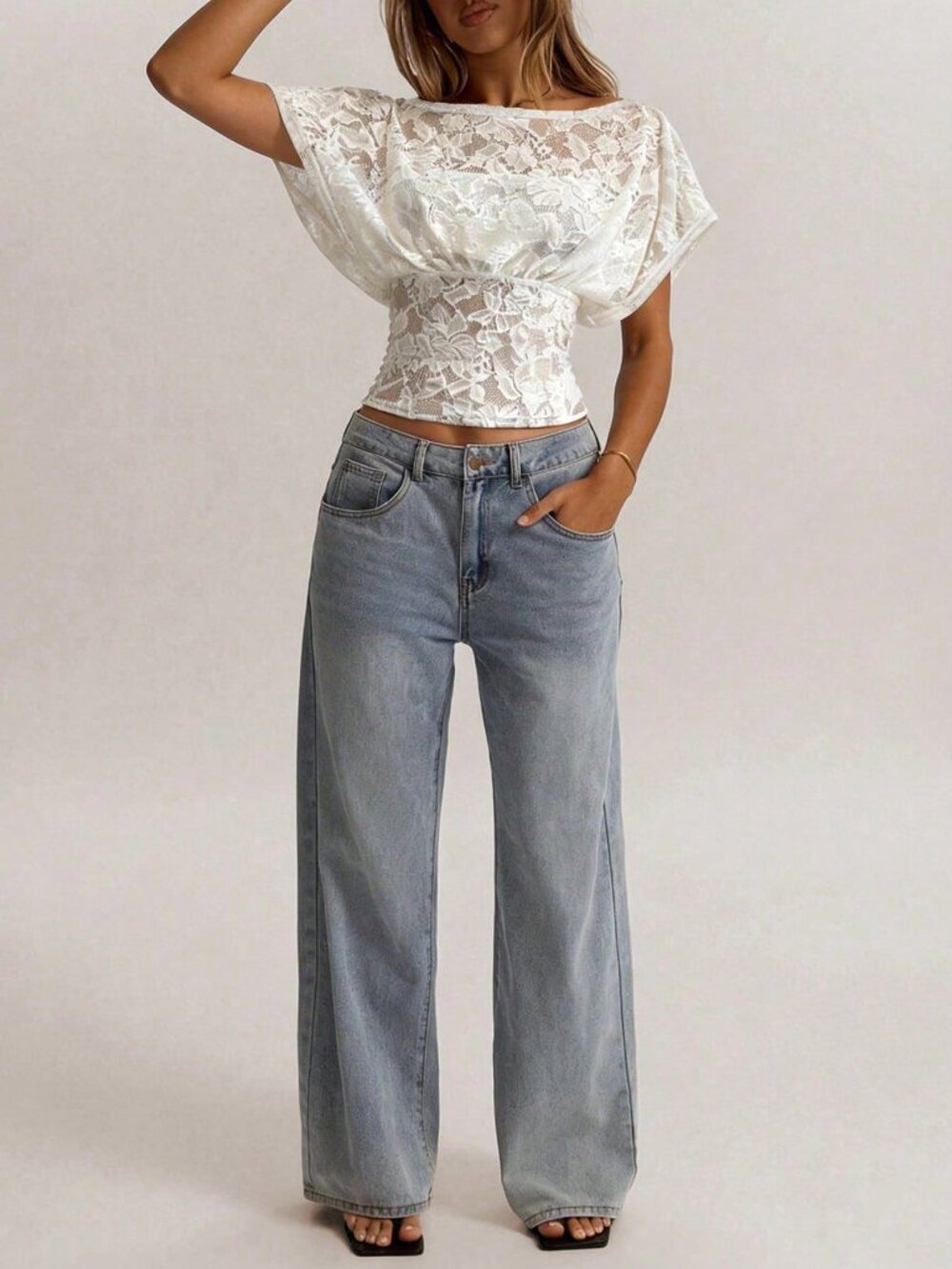 White Elegant Women's Lace T-Shirt Waist Top with Collar and Epaulet Sleeves - Picture 5 of 5